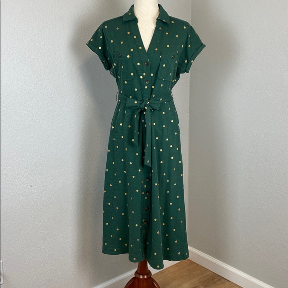 Boden Thomasina 100% Cotton Green Gold Polka Dot Jersey Midi Dress - Picture 4 of 12
